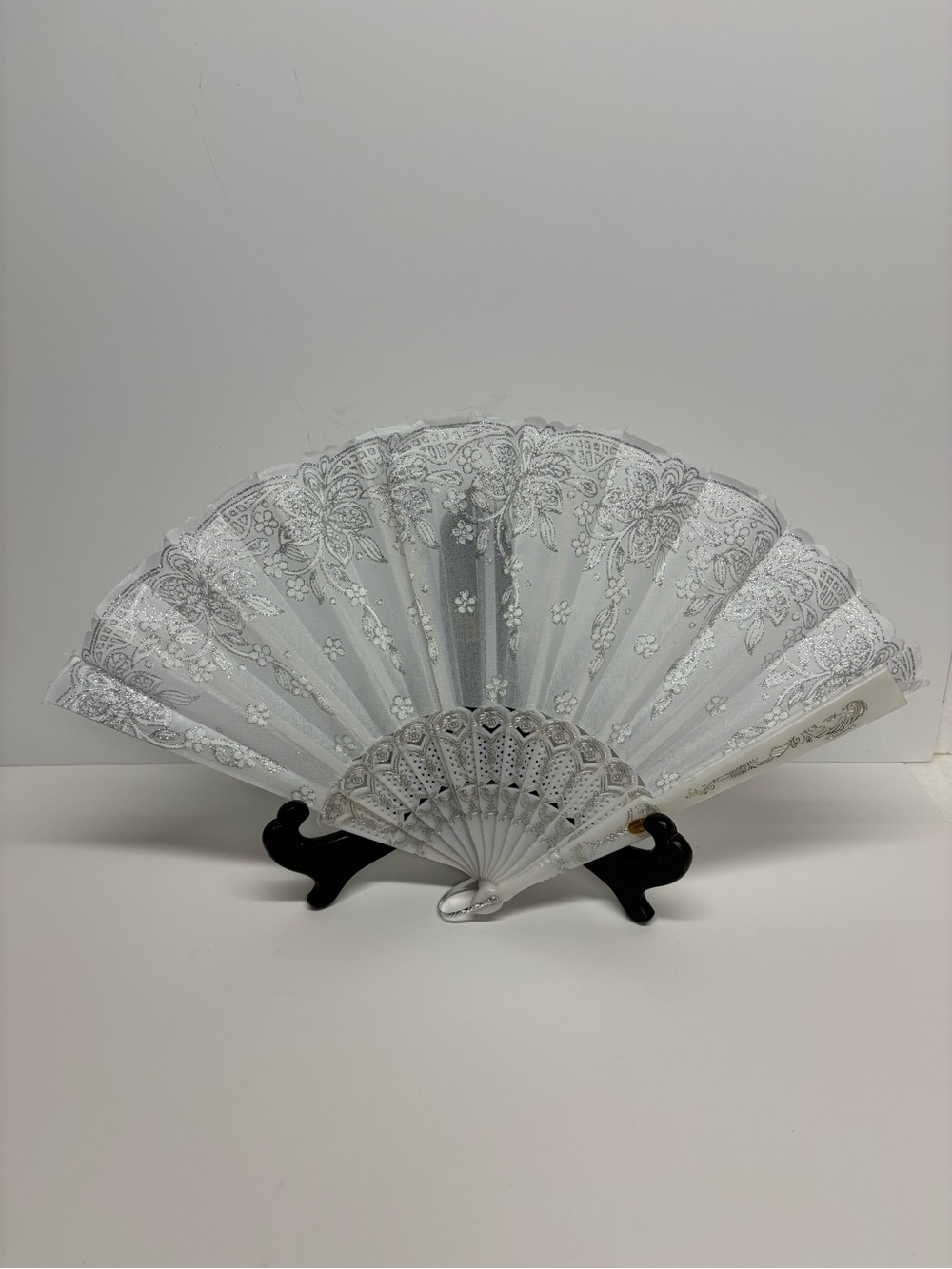 White Lace Folding Hand Fan Floral Pattern Silver Glitter Wedding